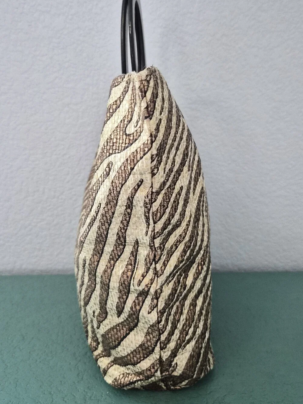 Zebra Print Paper Straw Tote Bag Wooden Handles Safari Boho Casual